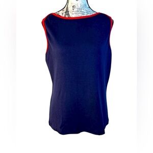 Norton Studios Cotton Elegant Navy Sleeveless Top with Red Accents size Large